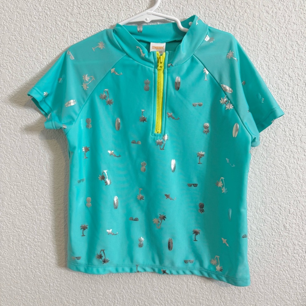 Gymboree Girls Kid Swim Top UPF 50+ UV Protection‎ Shirt Blue Silver L/10-12